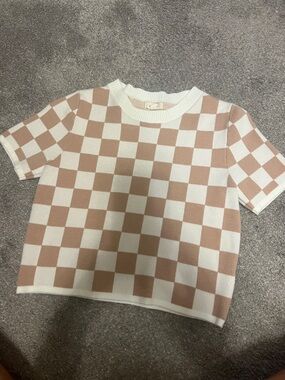 debut Cream & Tan Checkerboard Short-Sleeve Knit Top